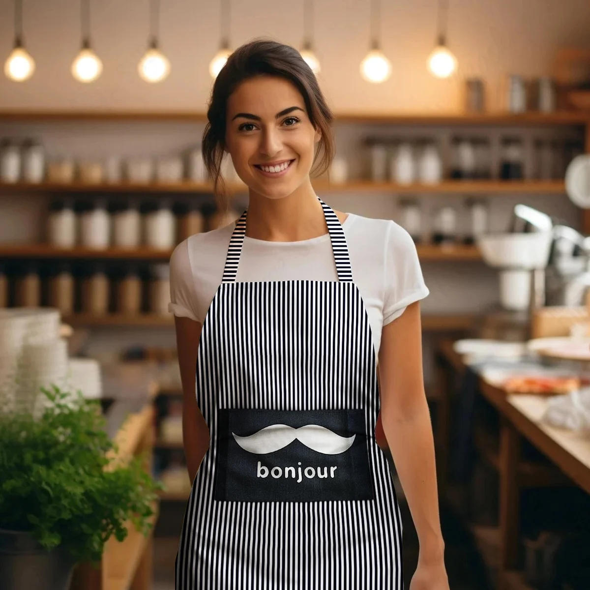 Modern cotton bib apron with single front pocket and adjustable neck strap, machine washable apron for easy cleaning