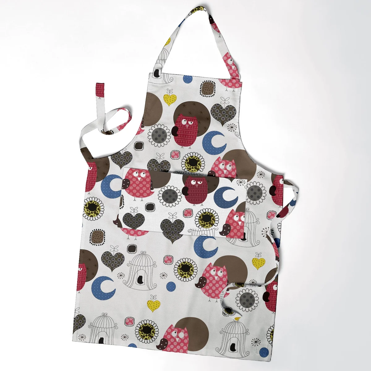 Large cotton apron with pocket, adjustable neck strap and long waist ties, shown flat on white background