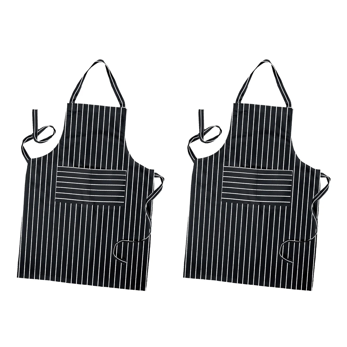 Large bib apron in cotton fabric with adjustable neck strap and long waist ties, featuring a spacious front pocket.