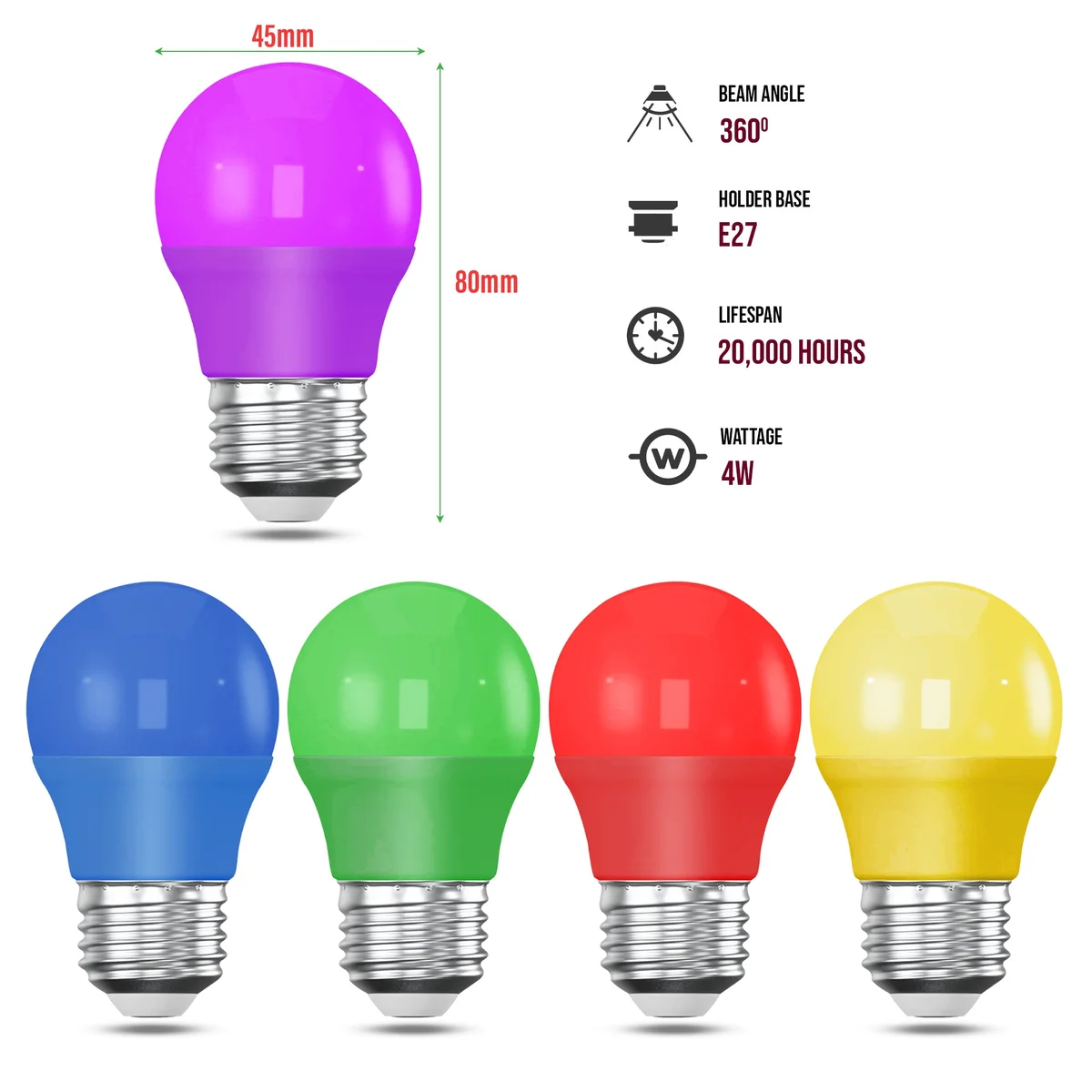 Coloured 4W E27 golf ball bulb glowing, showcasing energy efficient LED light for party and decorative use