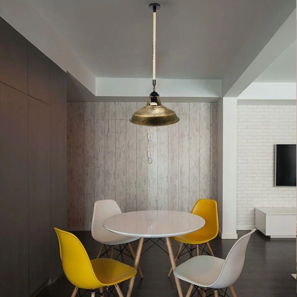 Industrial pendant lamp with hemp rope shade and metal fittings, designed for indoor ceiling mounting with E27 bulb base