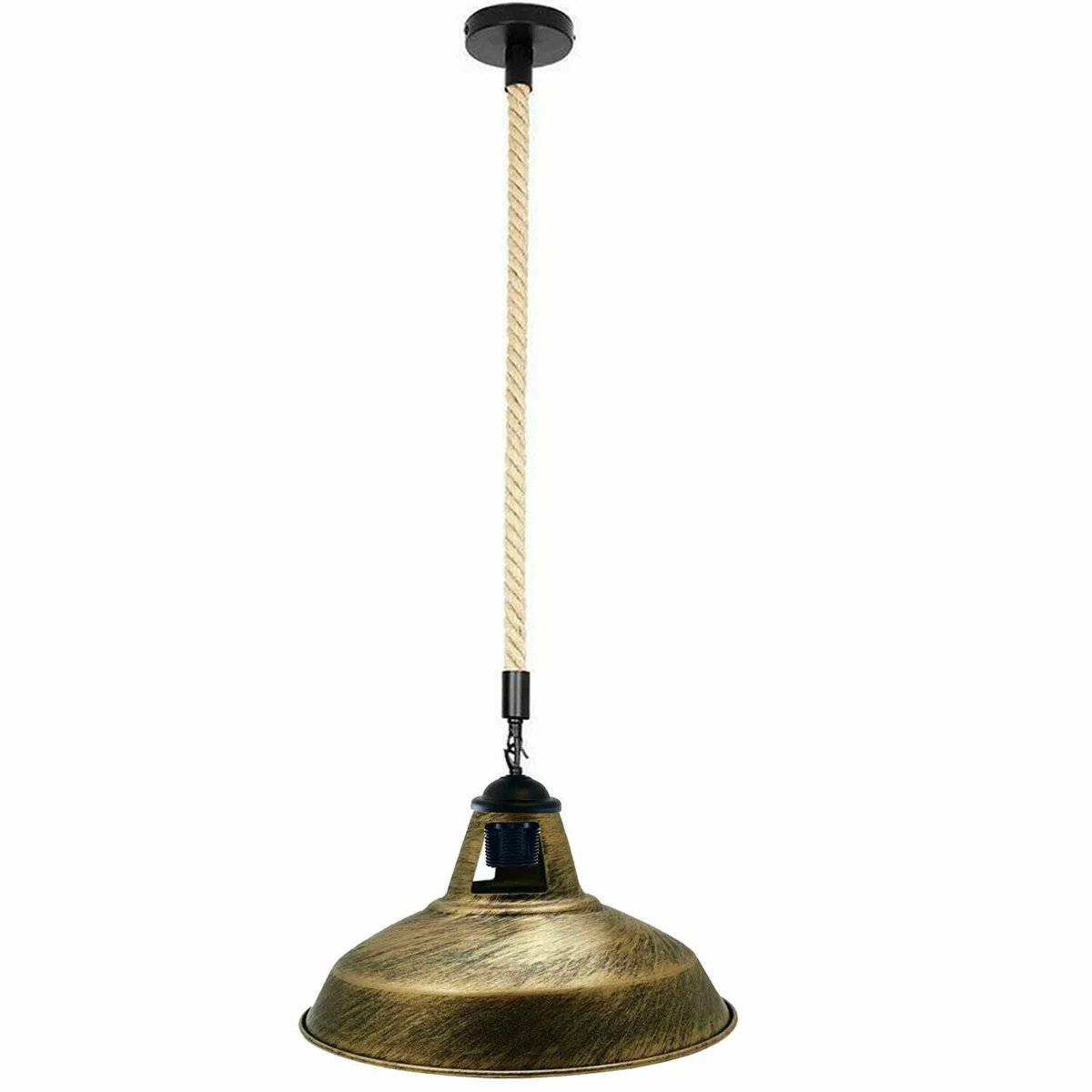 Hemp rope pendant light with metal frame hanging from ceiling, showing industrial retro style and E27 bulb socket