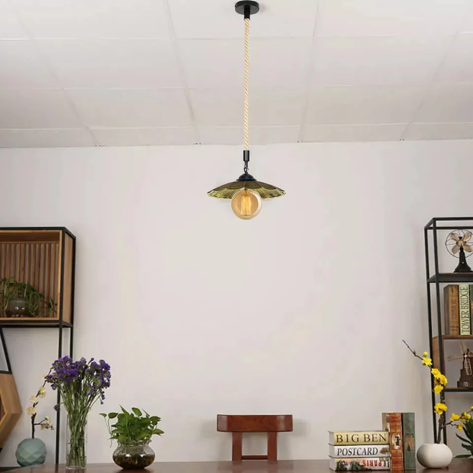 Vintage industrial pendant light with hemp rope and black metal shade hanging against a white background