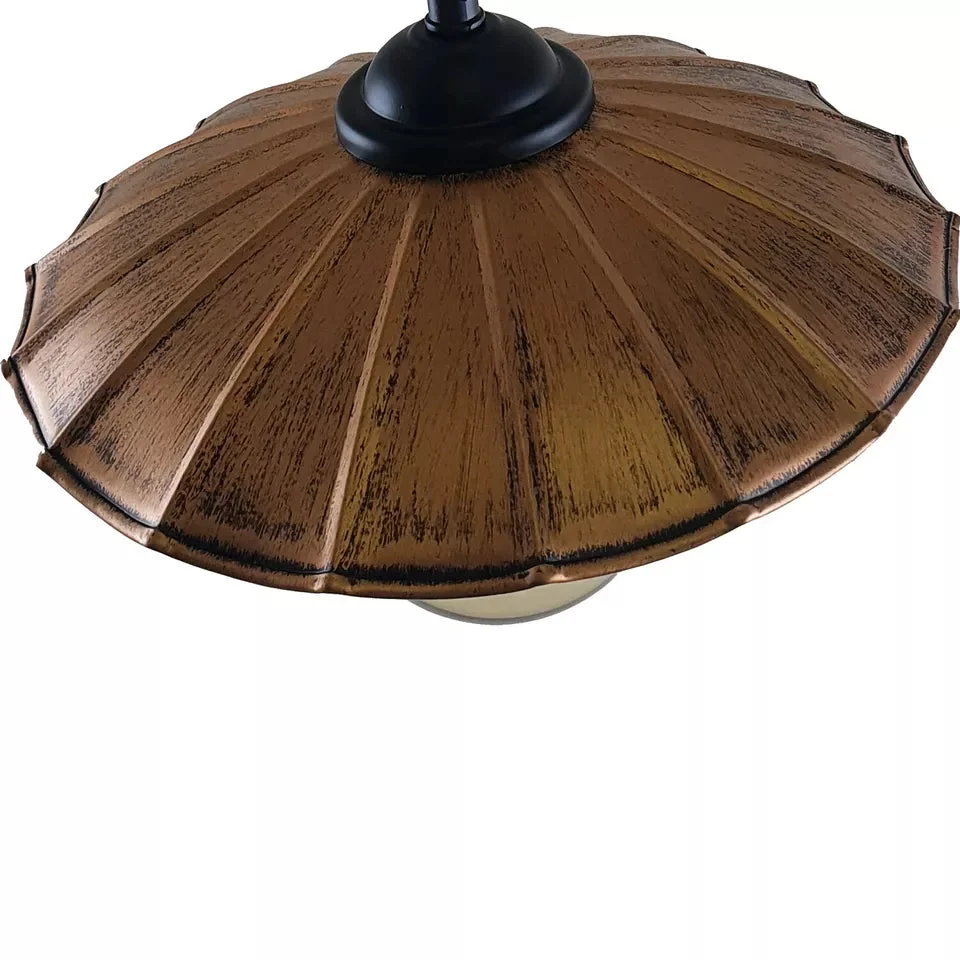 Vintage industrial metal shade pendant light with hemp rope, black iron finish, hanging against plain white background