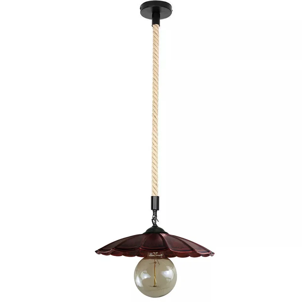 Vintage industrial hemp rope pendant light with black metal shade hanging against a neutral background