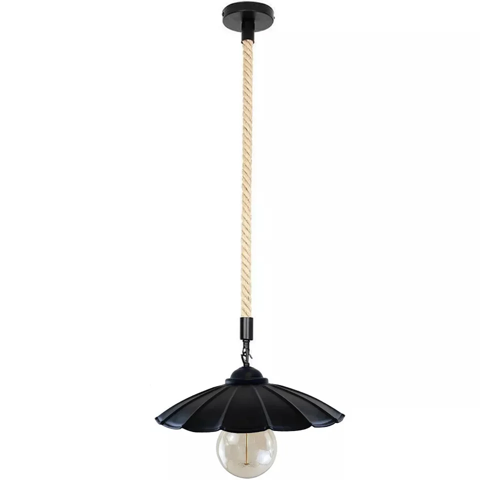 Rustic red hemp rope pendant light with metal shade hanging from ceiling, modern industrial style lighting fixture