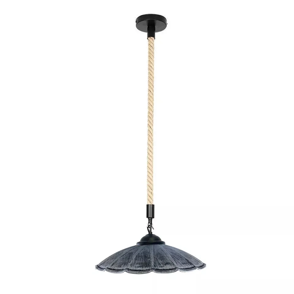 Vintage industrial hemp rope pendant light with black metal shade hanging from ceiling, modern style design
