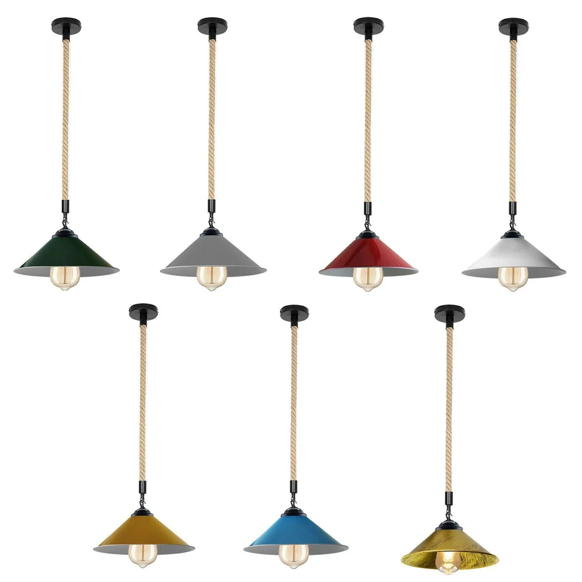 Black vintage retro industrial metal lampshade with hemp rope cord, modern pendant light hanging from ceiling canopy