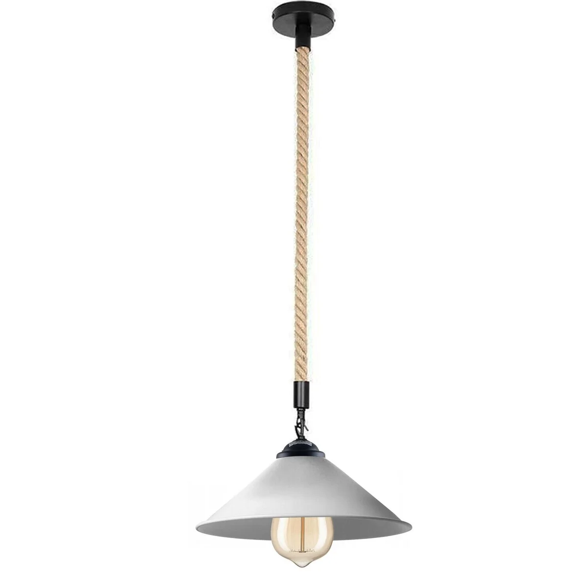 Vintage industrial metal lampshade with black finish and 1m hemp rope pendant light hanging from ceiling canopy
