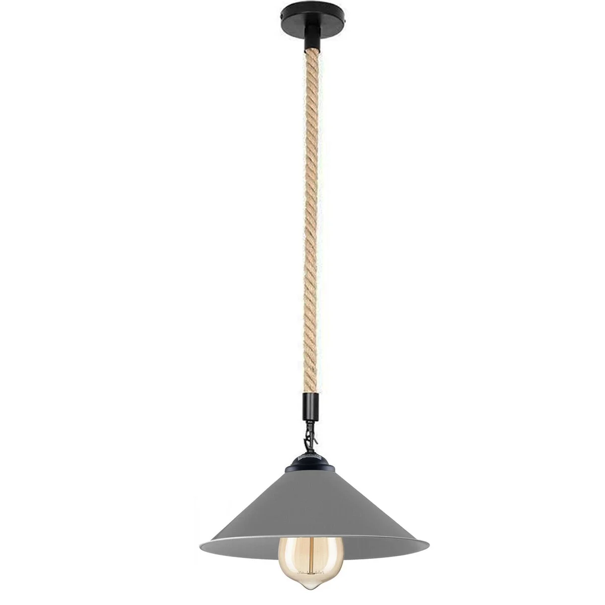 Black vintage retro industrial metal lampshade with hemp rope pendant light hanging against a white background