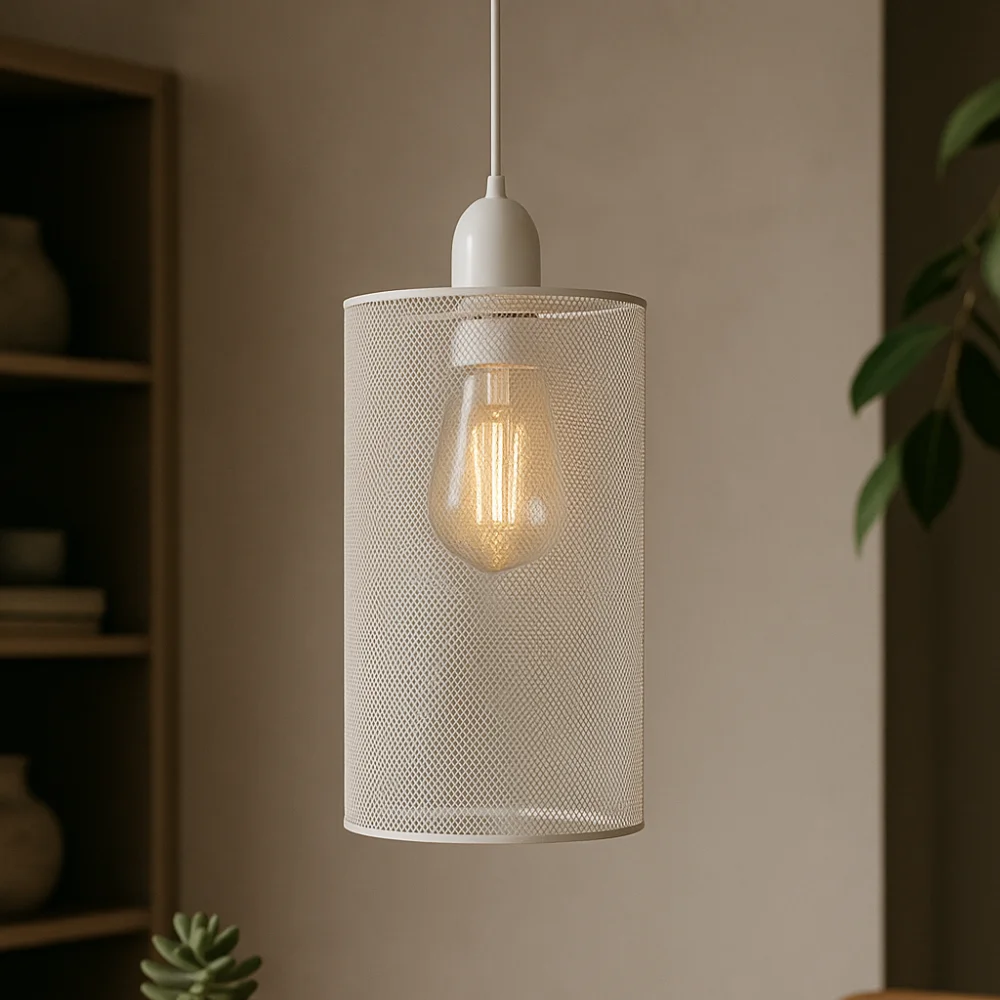 White metal pendant lampshade with retro industrial cage design for E27 bulb, suitable for pendant lighting fixtures