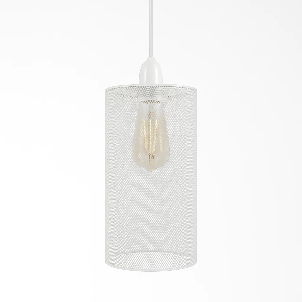 White retro industrial modern metal lampshade with cage design for pendant light, showing side and bottom views