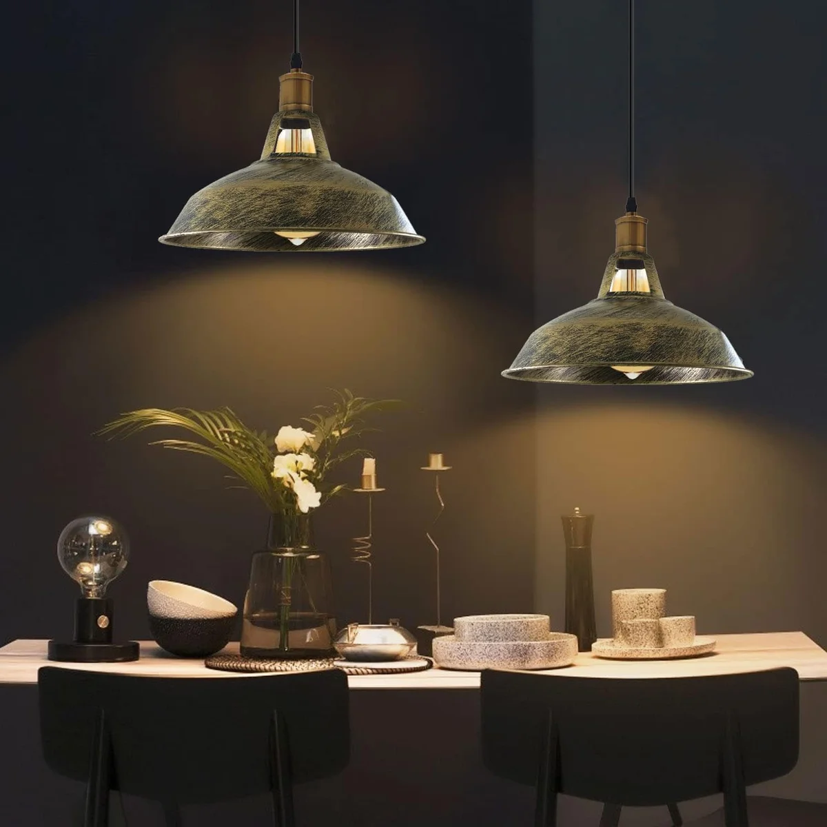 Set of three retro pendant light metal shades with adjustable cables and ceiling rosettes in vintage style
