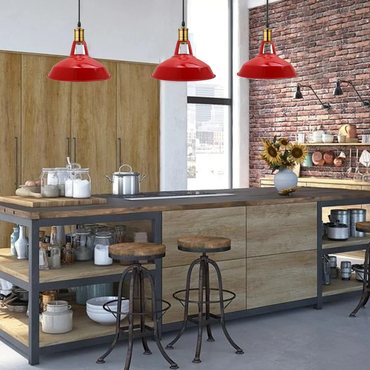 Three vintage style metal pendant lamps with 30cm diameter shades hanging from adjustable 95cm cables