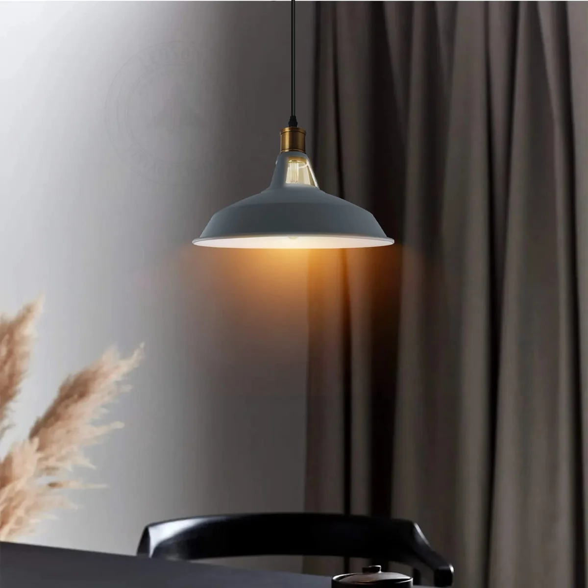 Three retro metal pendant lamps with 30cm diameter shades hanging, showcasing industrial style lighting design