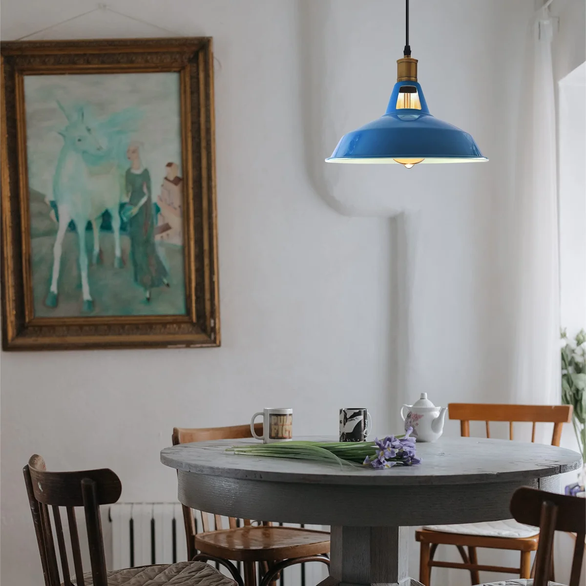 Set of three adjustable metal retro pendant light shades in vintage style with 95 cm cables and ceiling rose fittings