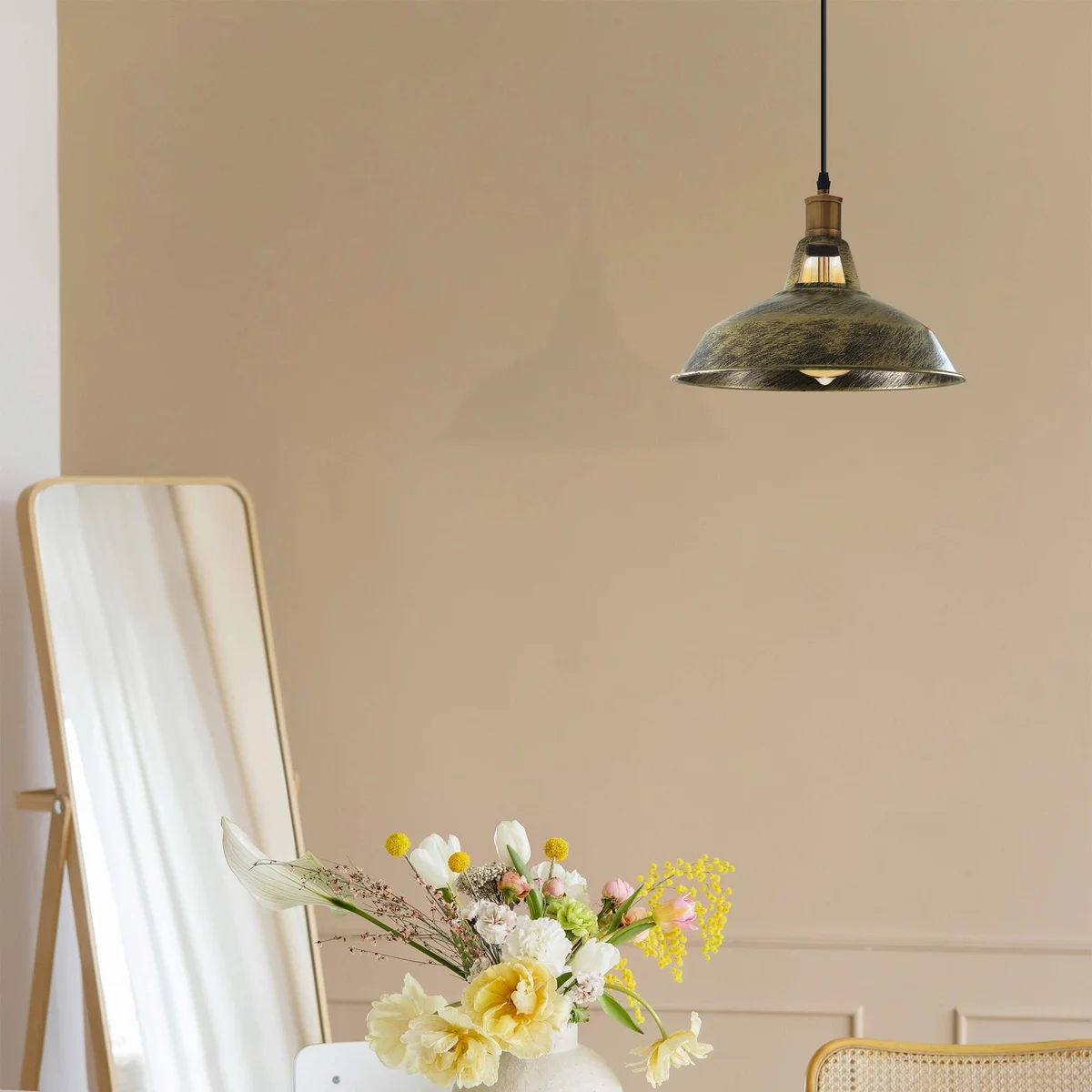 Set of three retro pendant light metal shades with adjustable cables and ceiling rose fixtures in vintage style