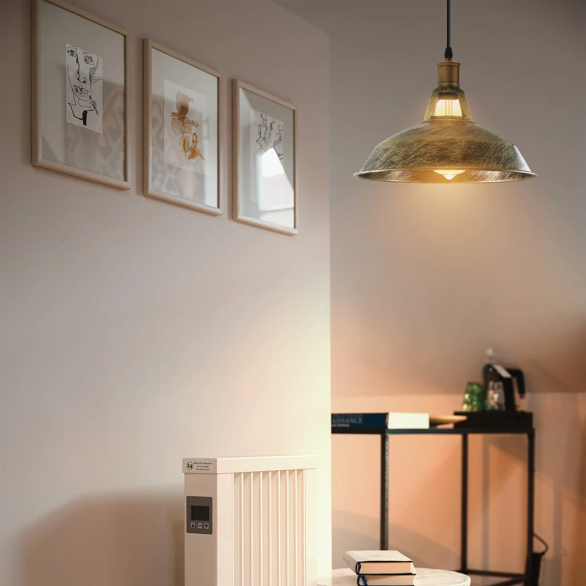 Set of three metal retro pendant lights with vintage design and adjustable 95cm cables, 30cm diameter shades