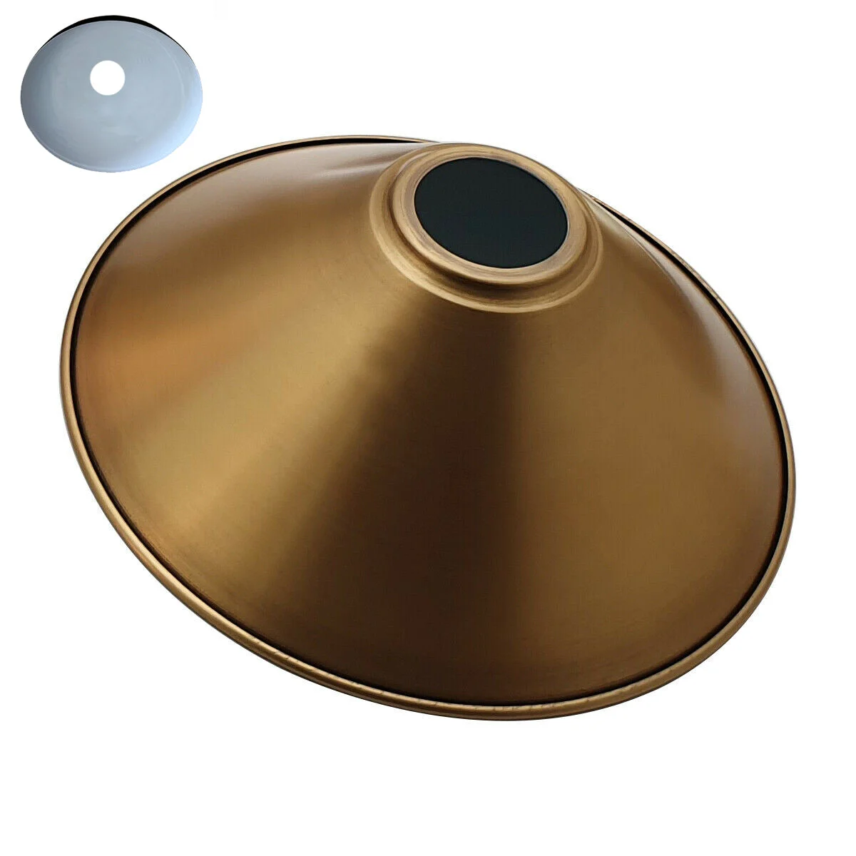 Yellow brass easy fit lampshade in modern cone shape with industrial metal design against white background