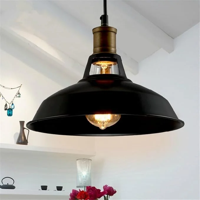 Modern ceiling lampshade in vintage metal barn shape with curved design for warm, diffused living room lighting
