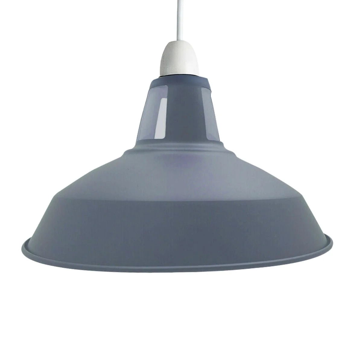 Modern ceiling lampshade in vintage barn shape made of metal, shown installed in a living room setting with warm lighting