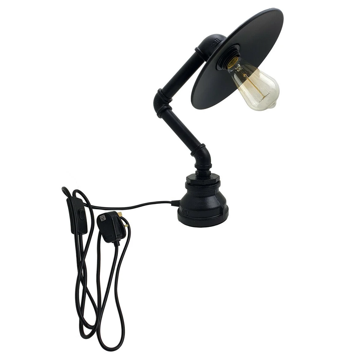 Vintage industrial plug-in table lamp with flat metal shade and brushed copper pipe design on white background