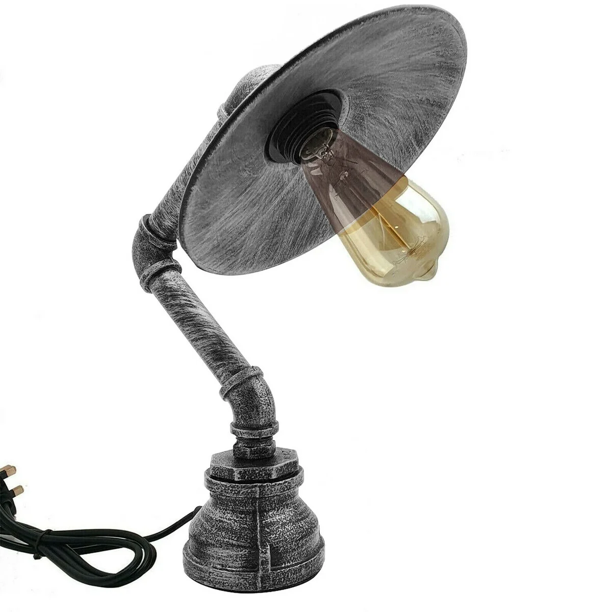 Vintage industrial table lamp with flat metal shade and brushed copper pipe design on wooden surface