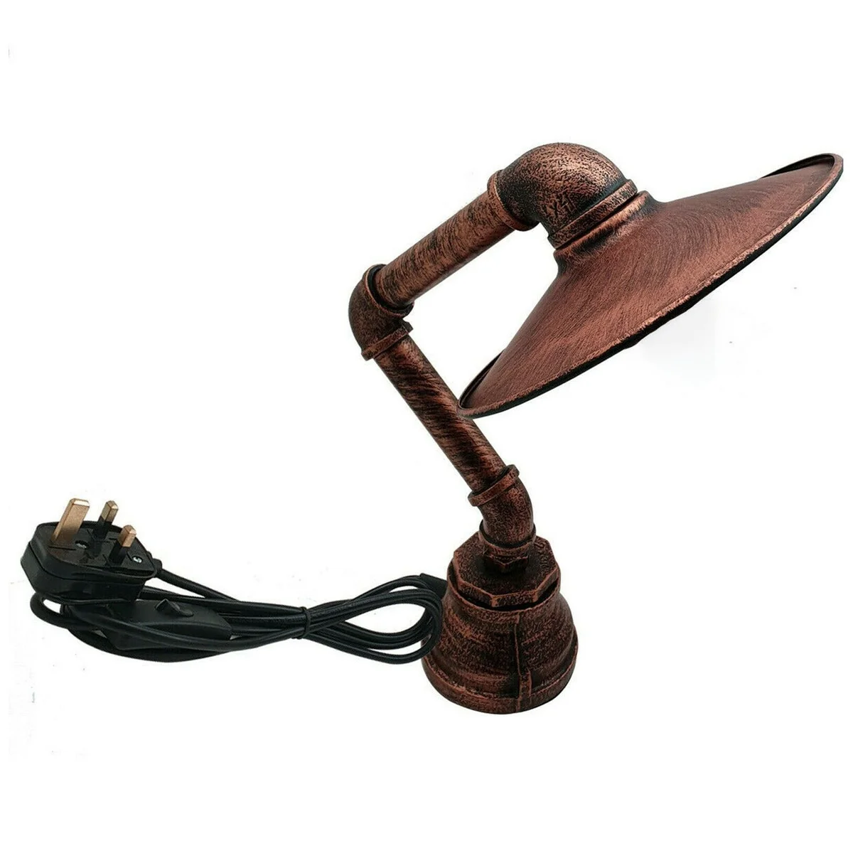 Vintage industrial table lamp with brushed copper pipe design and flat metal lampshade on wooden surface