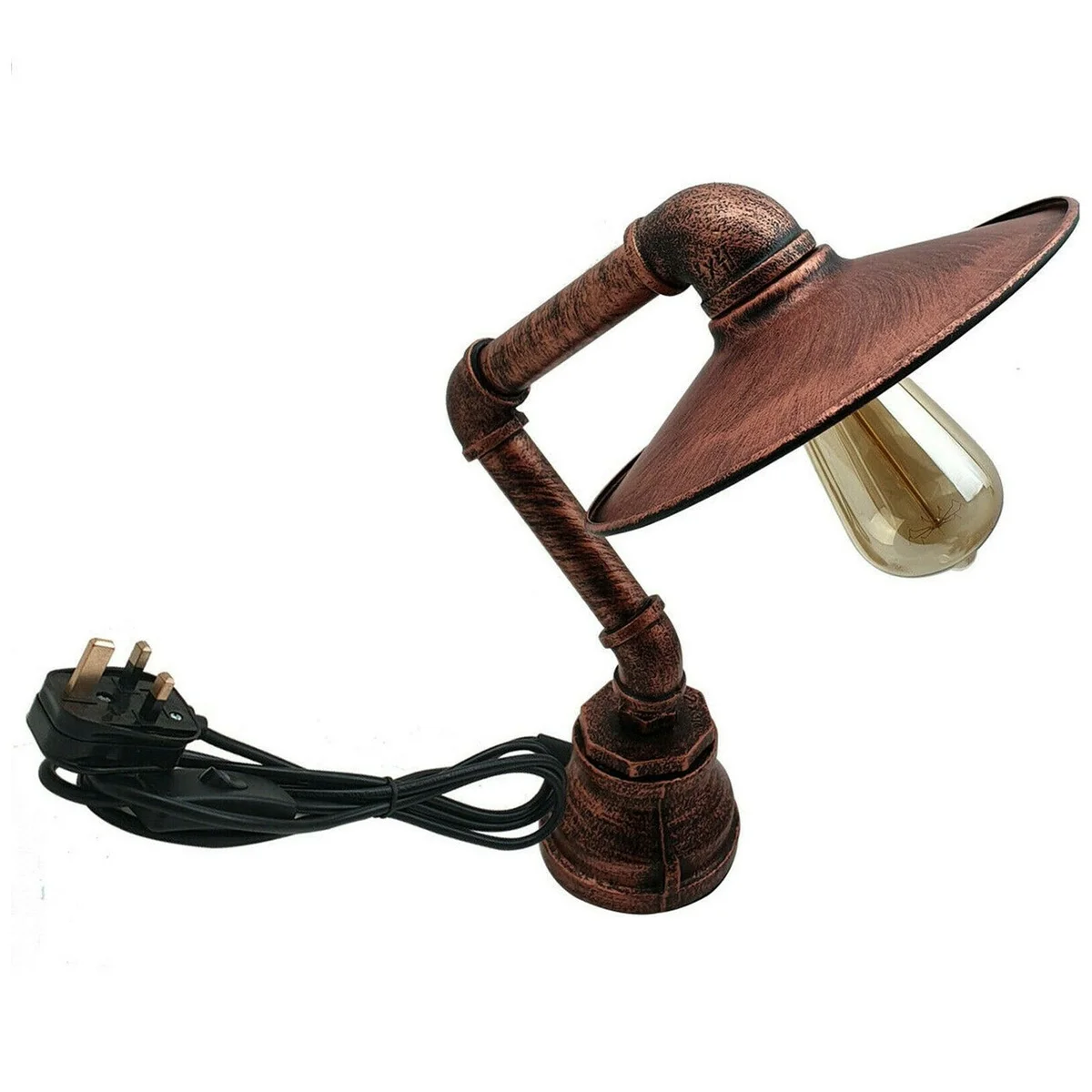Vintage industrial table lamp with flat metal shade and brushed copper pipe design on wooden surface background