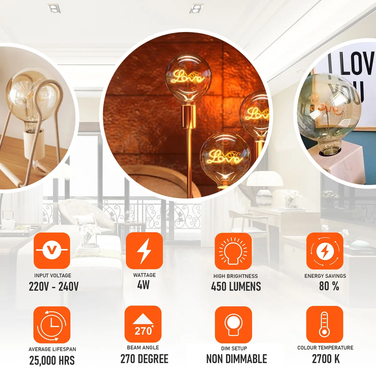 Vintage G125 warm white LED bulb with curved filament and E27 screw base, glowing warmly in a retro glass design