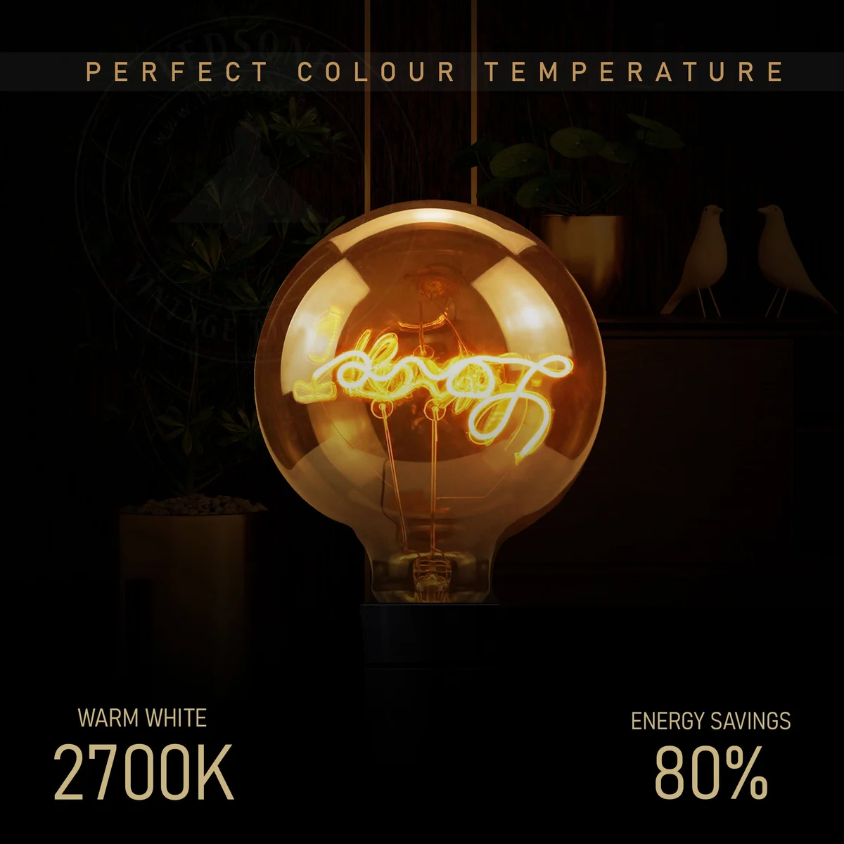 Retro style light bulb with curved LED filaments glowing warmly inside clear glass, E27 Edison vintage design