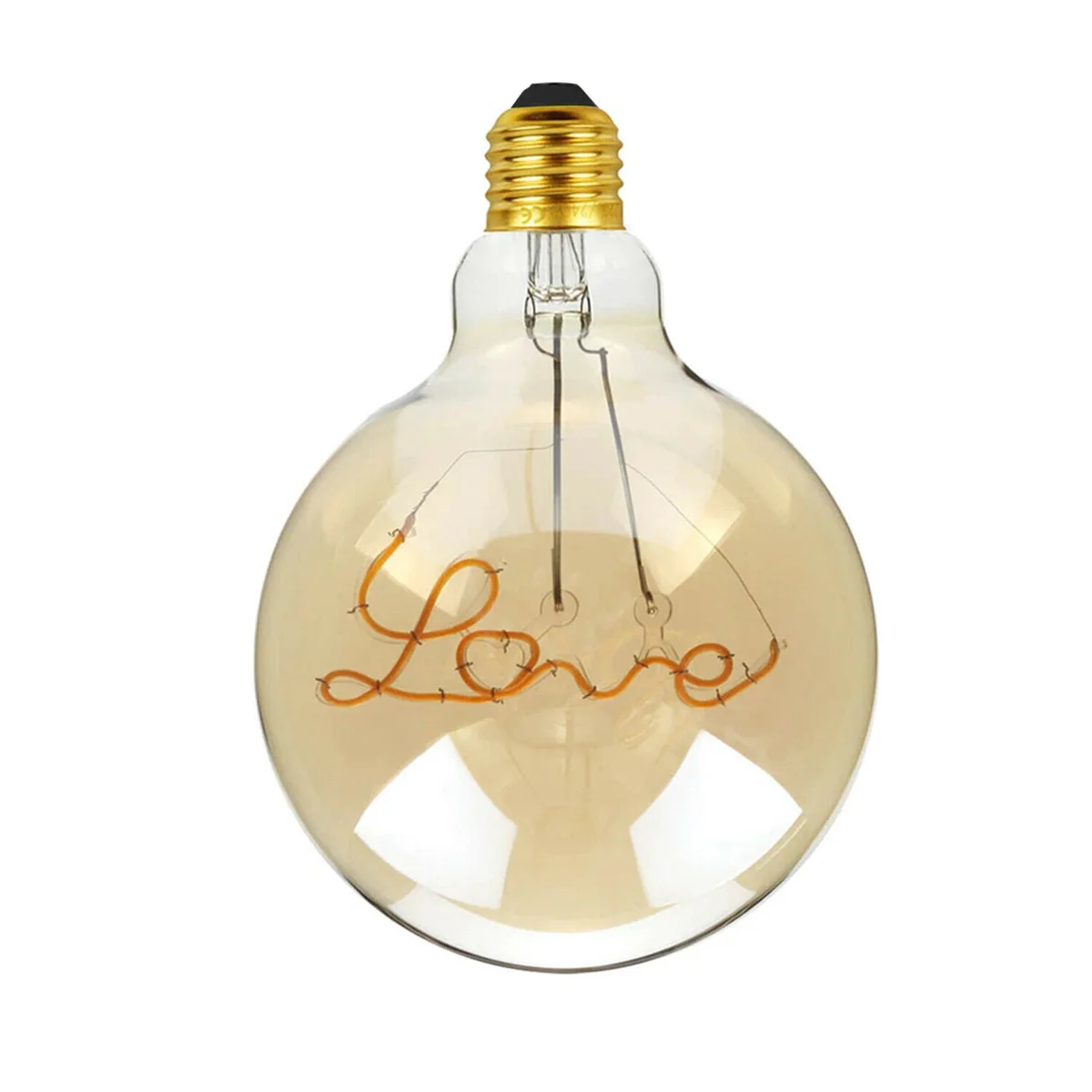 Vintage Edison LED bulb with curved filament glowing warmly inside clear glass, E27 screw base visible on white background