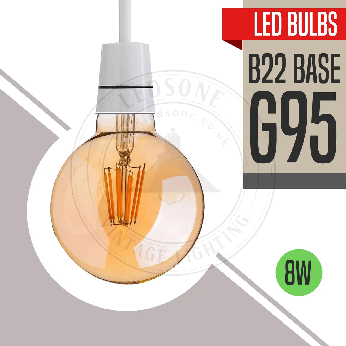 Vintage G95 B22 dimmable LED bulb with visible filament, warm white light, glass globe, 8W energy-saving design