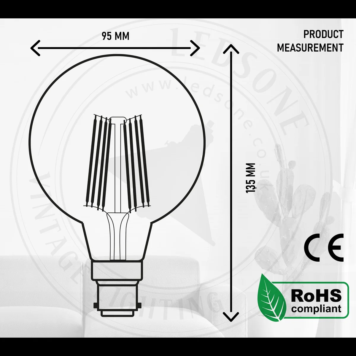 Vintage LED bulb G95 with warm white filament, B22 bayonet base, glowing softly against a dark background