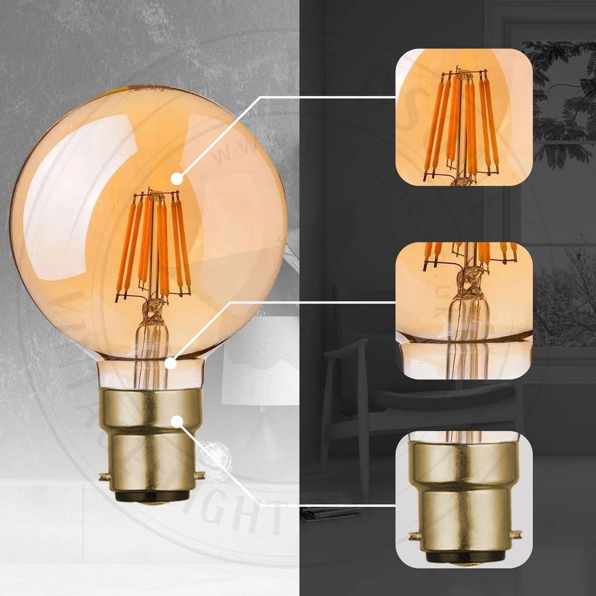 Vintage G95 B22 8W dimmable energy saving LED bulb with warm white filament design and glass globe shape