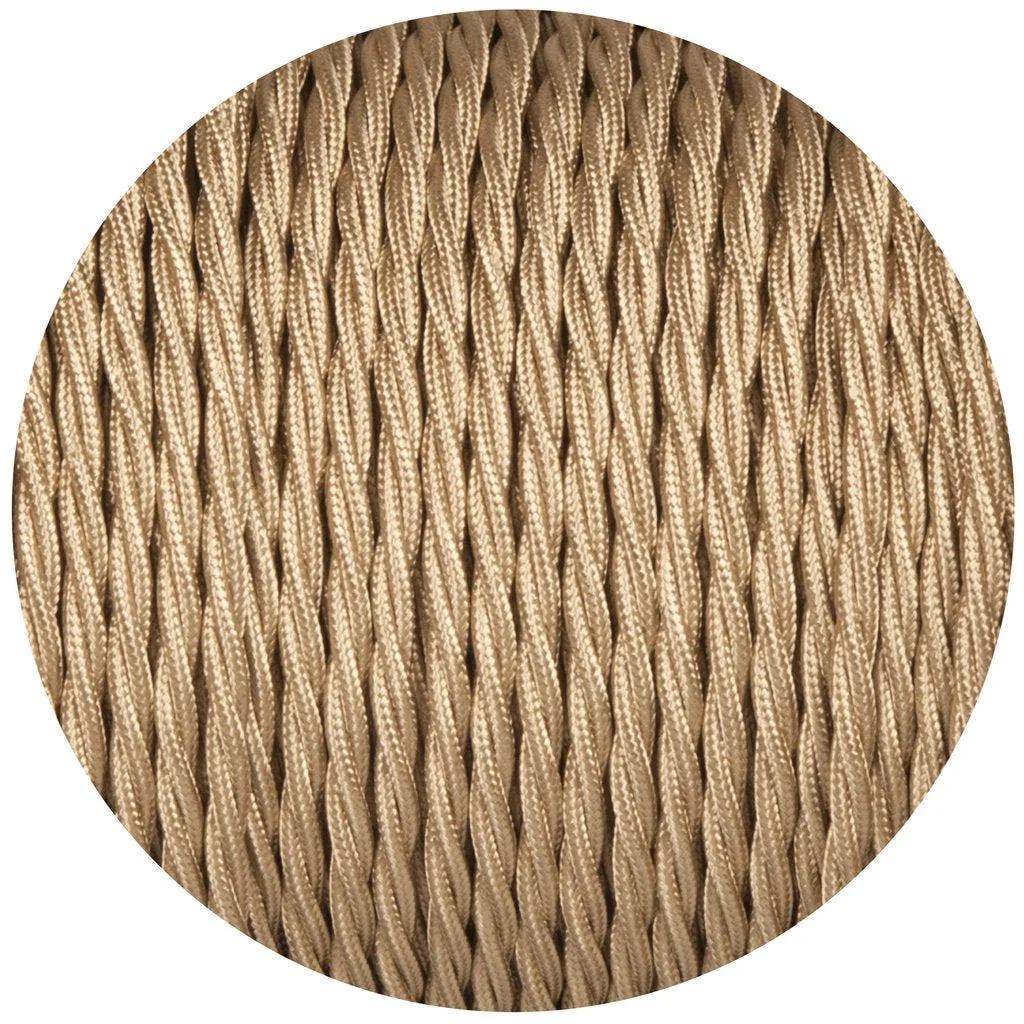 Light gold 2 core lamp cord with twisted silk braided fabric, shown coiled on a white background
