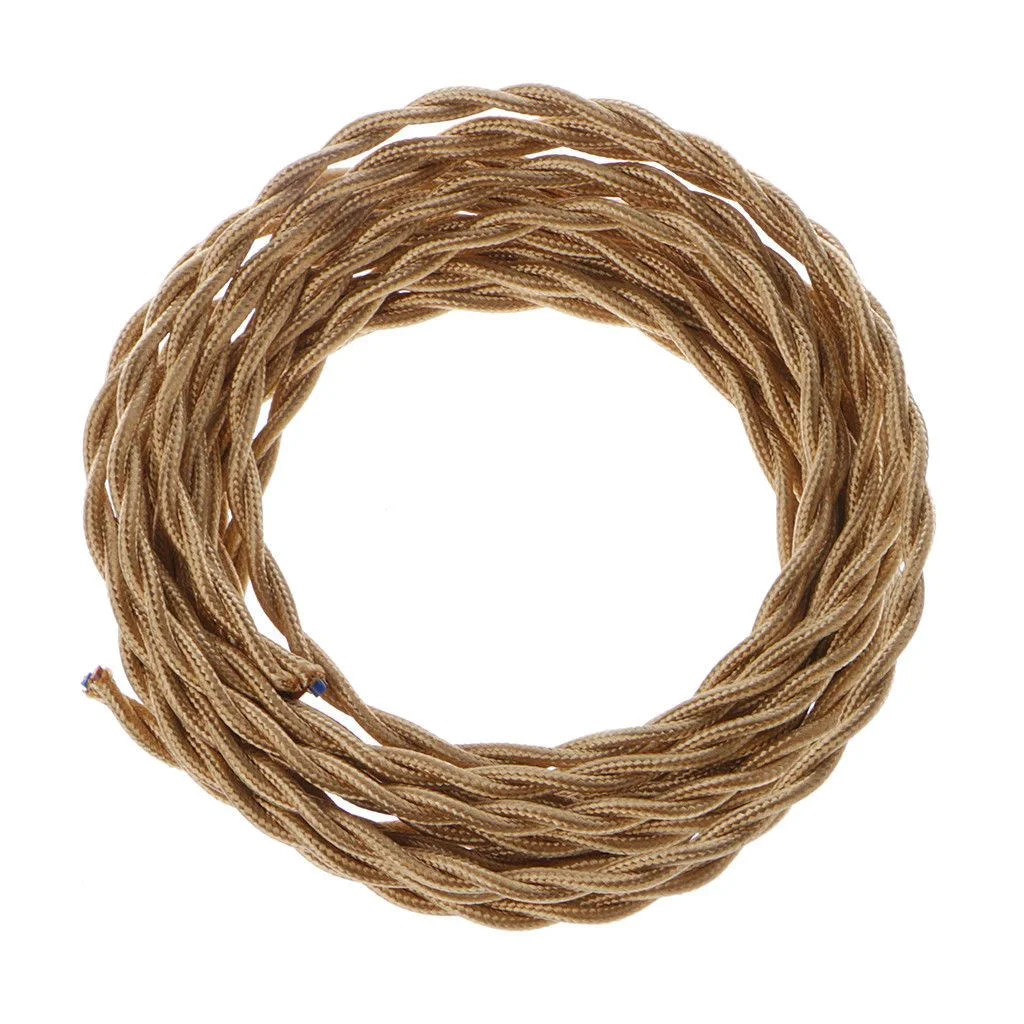 Close-up of light gold braided lamp flex twisted fabric cable for vintage and modern lighting projects