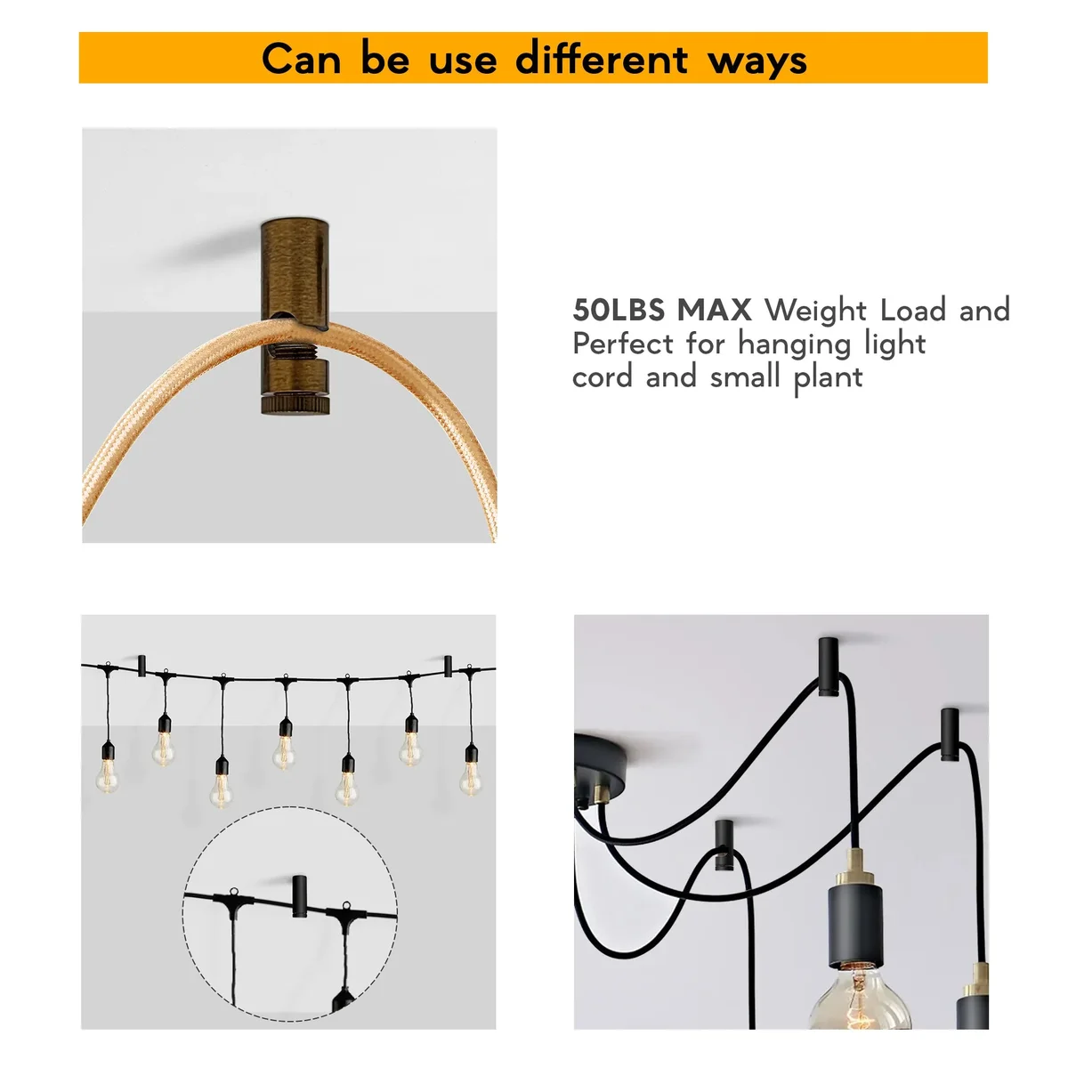 Single modern round metal cable hook with mounting screw and plastic wall anchor on white background