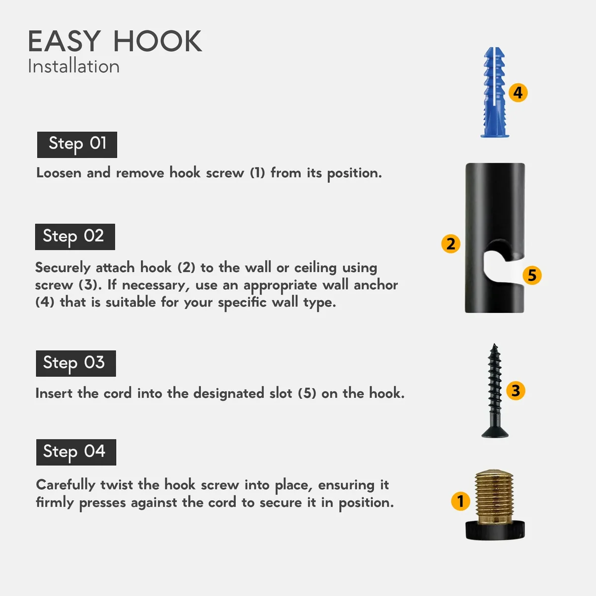 Single modern metal plant hanging hook with mounting screw and wall anchor on white background