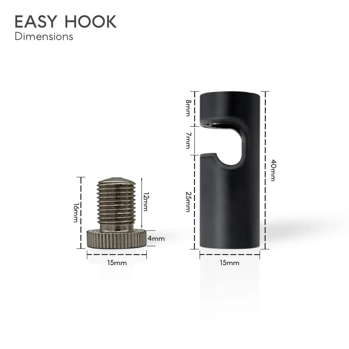 Single modern metal cable hook for walls and ceilings with mounting screw and plastic wall anchor on white background