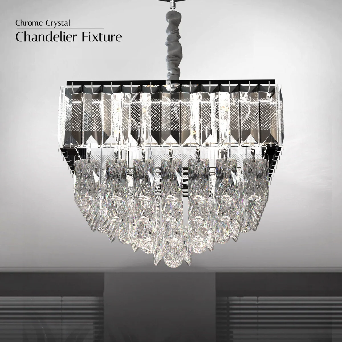 Modern crystal chandelier with dual-layer rectangular and teardrop crystals, chrome finish, 30cm diameter, with remote control