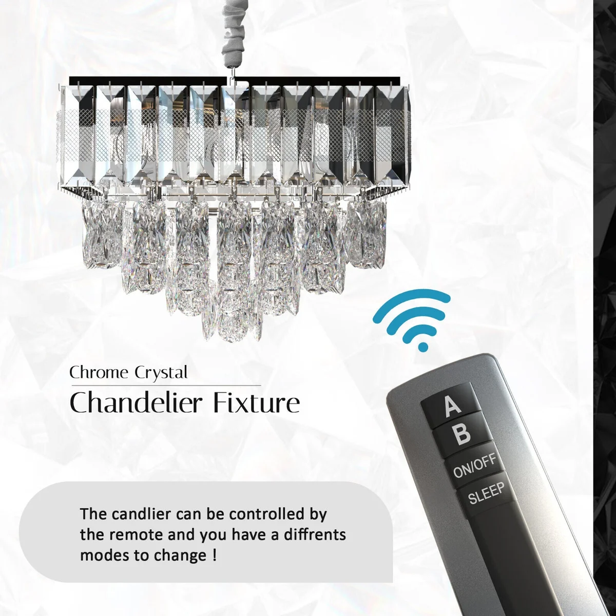 Modern chrome chandelier light with dual-layered crystal design and remote control, 30cm diameter, hanging fixture
