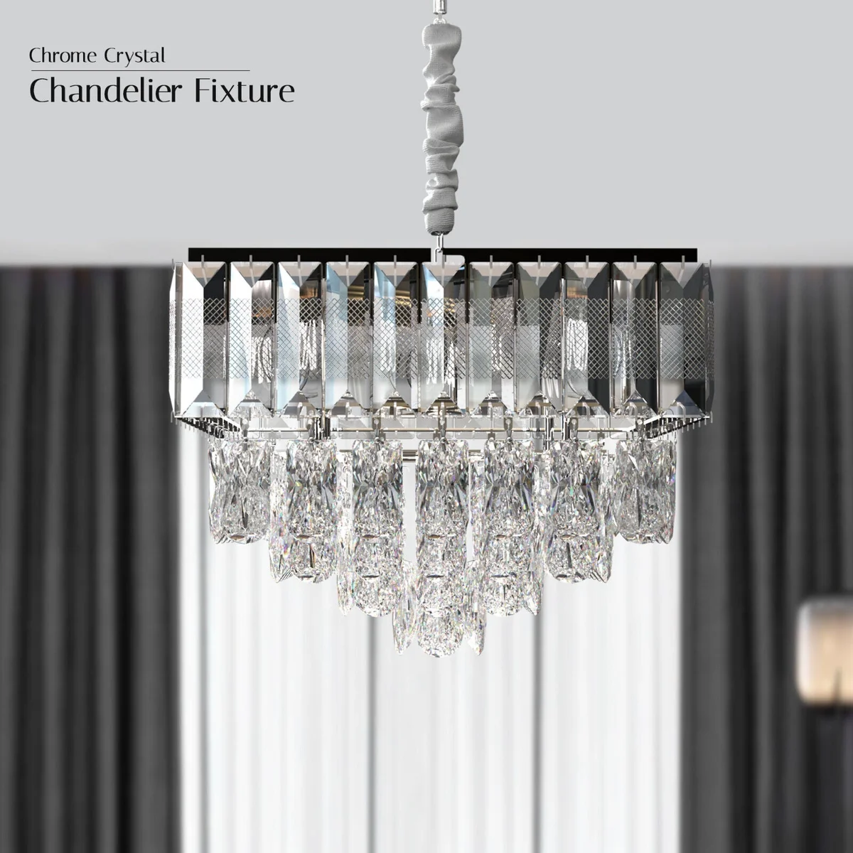 Modern chrome E14 chandelier with remote, dual-layer crystal design casting sparkling light in a stylish room setting