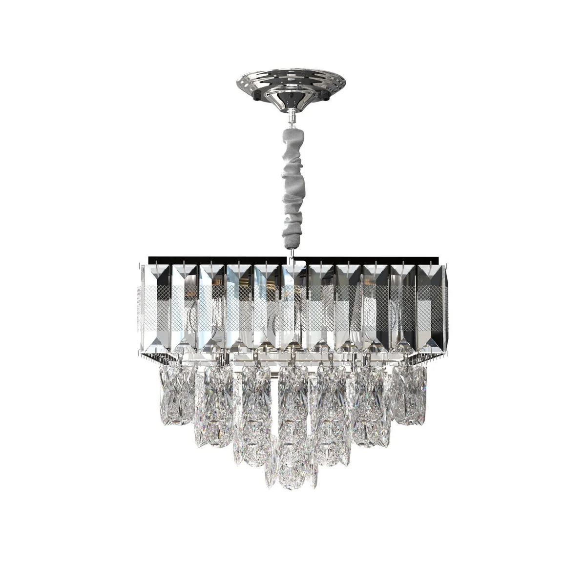 Modern chrome chandelier with dual-layer crystal light, rectangular and teardrop crystals, remote control included