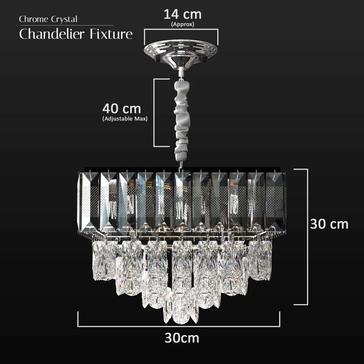 Modern chrome crystal chandelier with dual-layer crystals and adjustable chain, shown lit in a stylish room setting
