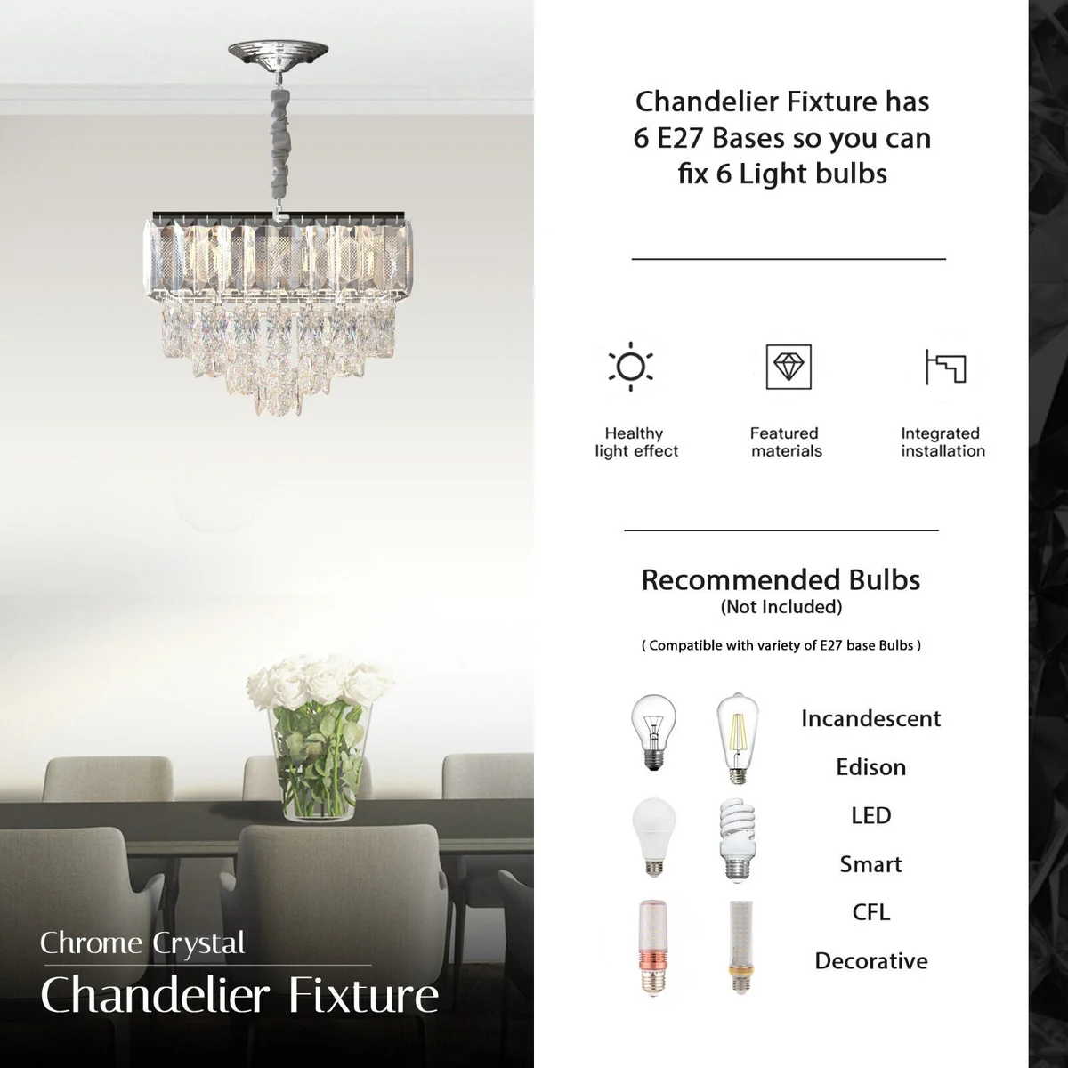 Modern crystal chandelier with dual-layered rectangular and teardrop crystals, shown lit in a stylish room setting