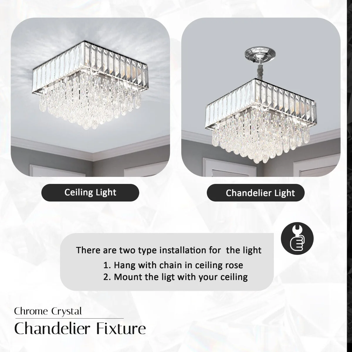 Modern crystal chandelier with dual-layered rectangular and teardrop crystals, remote control, hanging in a stylish room setting