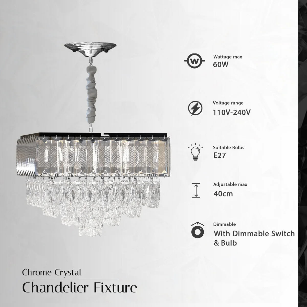 Modern crystal chandelier with dual-layered rectangular and teardrop crystals hanging from chrome fixture with remote control