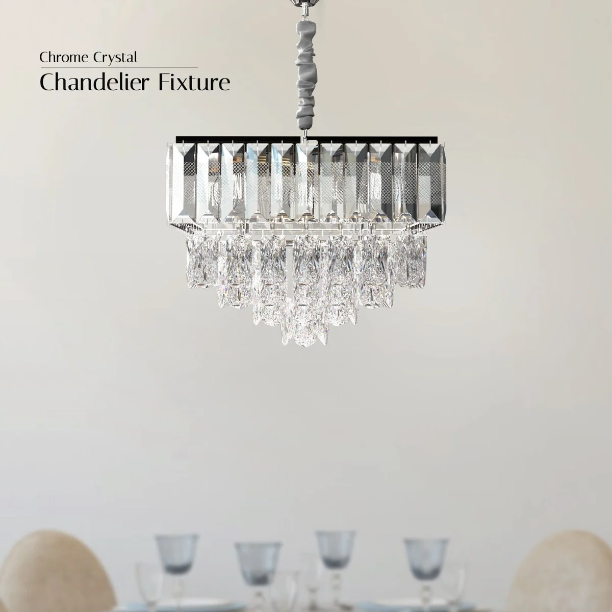 Modern crystal chandelier with dual-layered rectangular and teardrop crystals, shown lit in a cozy dining room setting
