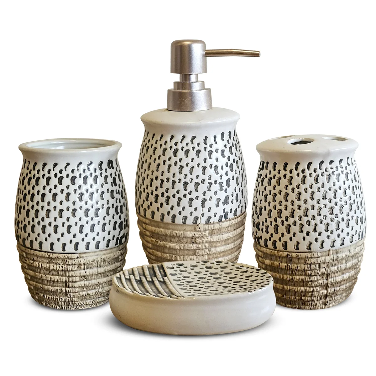Modern ceramic bathroom set with white soap dispenser, toothbrush holder, tumbler, and soap dish in sleek design